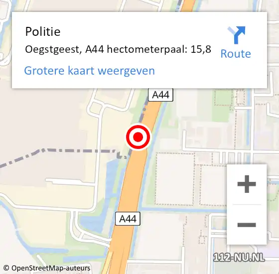 Locatie op kaart van de 112 melding: Politie Oegstgeest, A44 hectometerpaal: 15,8 op 14 mei 2023 21:25