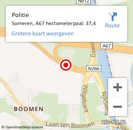 Locatie op kaart van de 112 melding: Politie Someren, A67 hectometerpaal: 37,4 op 14 mei 2023 22:26