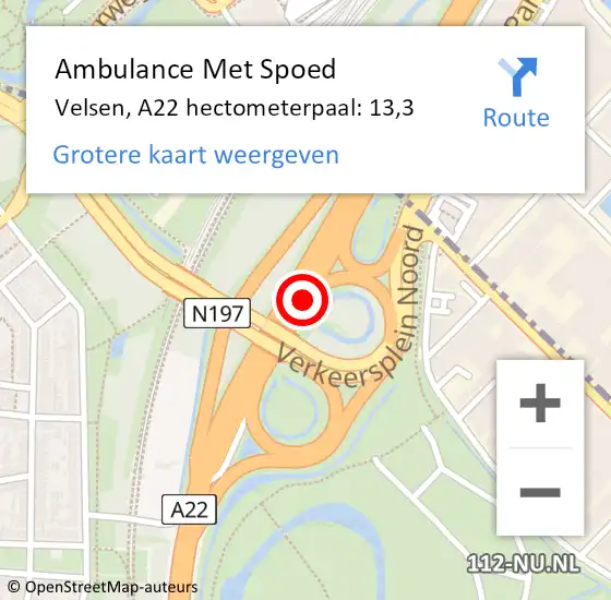 Locatie op kaart van de 112 melding: Ambulance Met Spoed Naar Velsen, A22 hectometerpaal: 13,3 op 15 mei 2023 04:49