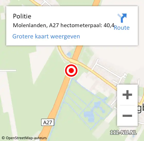 Locatie op kaart van de 112 melding: Politie Molenlanden, A27 hectometerpaal: 40,4 op 15 mei 2023 05:43