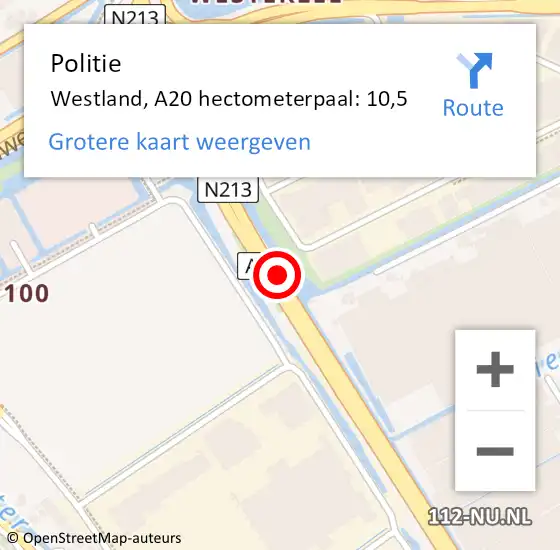 Locatie op kaart van de 112 melding: Politie Westland, A20 hectometerpaal: 10,5 op 15 mei 2023 07:09