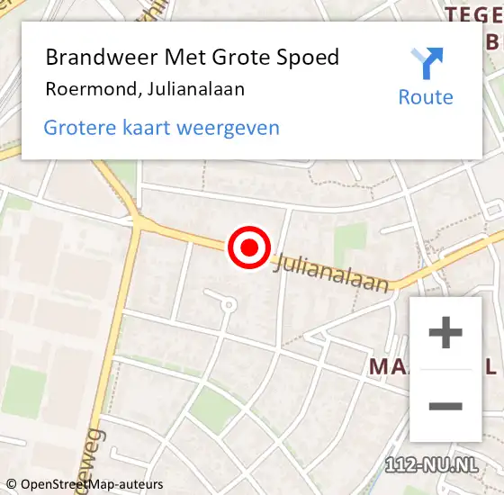 Locatie op kaart van de 112 melding: Brandweer Met Grote Spoed Naar Roermond, Julianalaan op 15 mei 2023 10:09