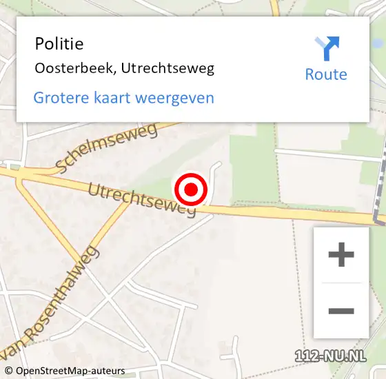 Locatie op kaart van de 112 melding: Politie Oosterbeek, Utrechtseweg op 15 mei 2023 11:56