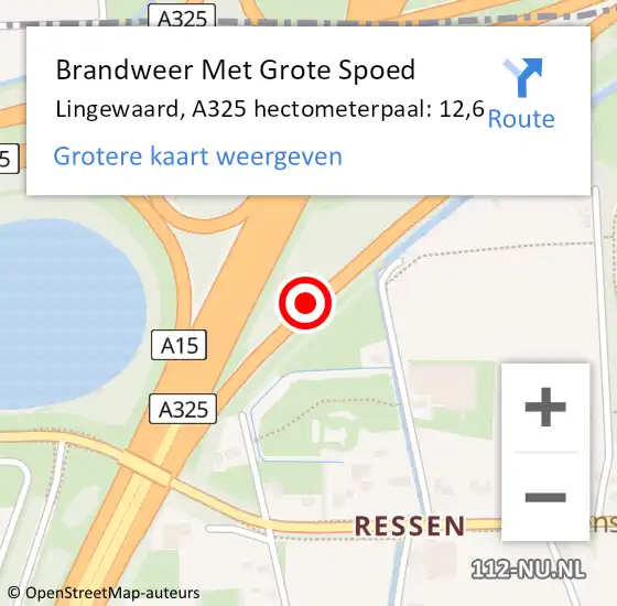 Locatie op kaart van de 112 melding: Brandweer Met Grote Spoed Naar Lingewaard, A325 hectometerpaal: 12,6 op 15 mei 2023 12:17