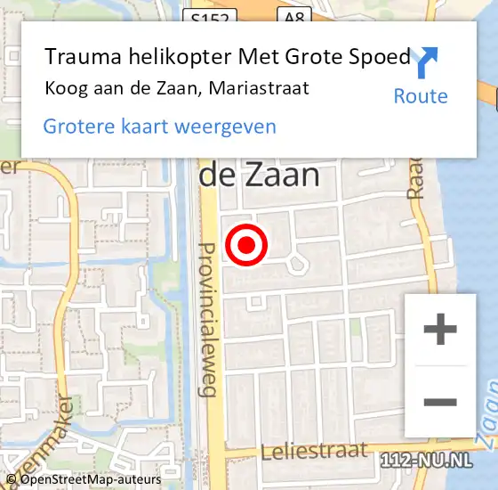 Locatie op kaart van de 112 melding: Trauma helikopter Met Grote Spoed Naar Koog aan de Zaan, Mariastraat op 15 mei 2023 13:45