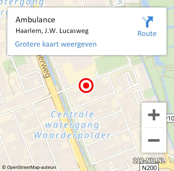 Locatie op kaart van de 112 melding: Ambulance Haarlem, J.W. Lucasweg op 15 mei 2023 14:29