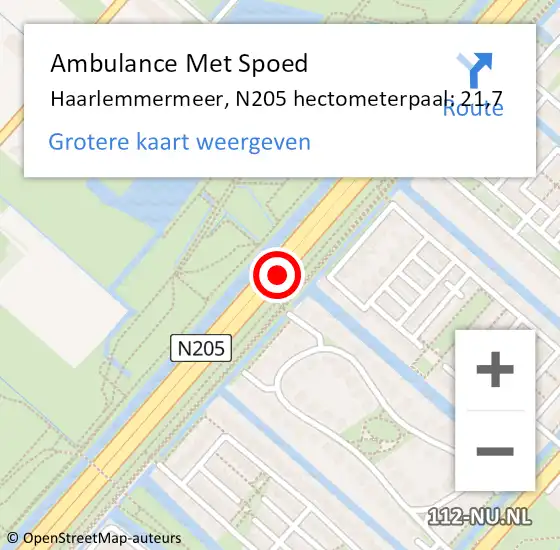 Locatie op kaart van de 112 melding: Ambulance Met Spoed Naar Haarlemmermeer, N205 hectometerpaal: 21,7 op 15 mei 2023 15:07