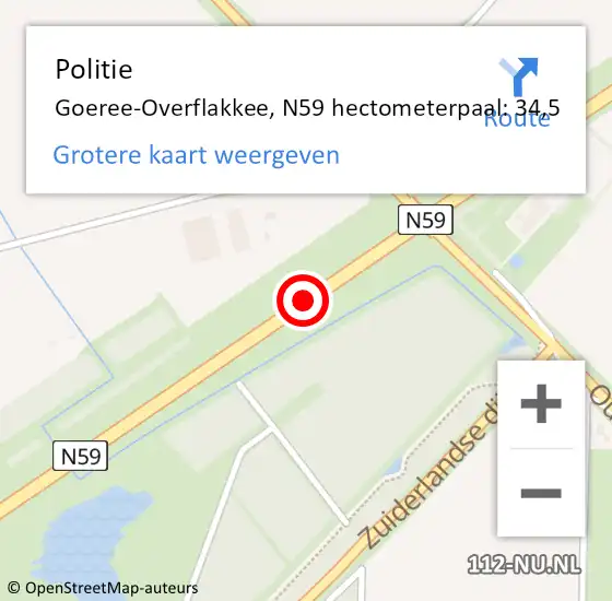 Locatie op kaart van de 112 melding: Politie Goeree-Overflakkee, N59 hectometerpaal: 34,5 op 15 mei 2023 15:34