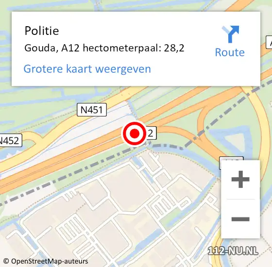 Locatie op kaart van de 112 melding: Politie Gouda, A12 hectometerpaal: 28,2 op 15 mei 2023 17:07