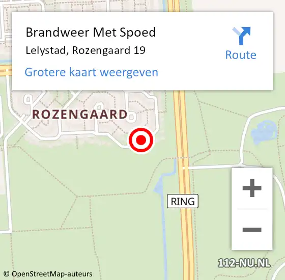 Locatie op kaart van de 112 melding: Brandweer Met Spoed Naar Lelystad, Rozengaard 19 op 15 mei 2023 19:16