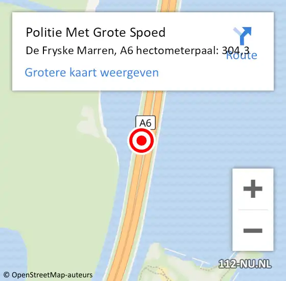 Locatie op kaart van de 112 melding: Politie Met Grote Spoed Naar De Fryske Marren, A6 hectometerpaal: 304,3 op 15 mei 2023 19:21