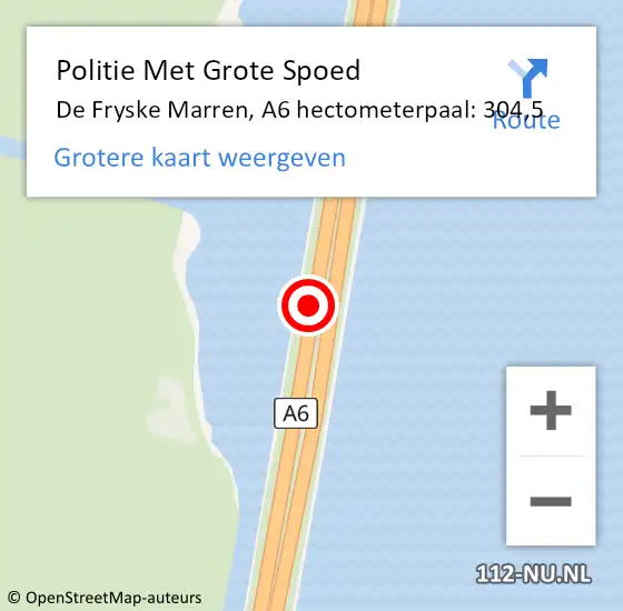 Locatie op kaart van de 112 melding: Politie Met Grote Spoed Naar De Fryske Marren, A6 hectometerpaal: 304,5 op 15 mei 2023 19:23