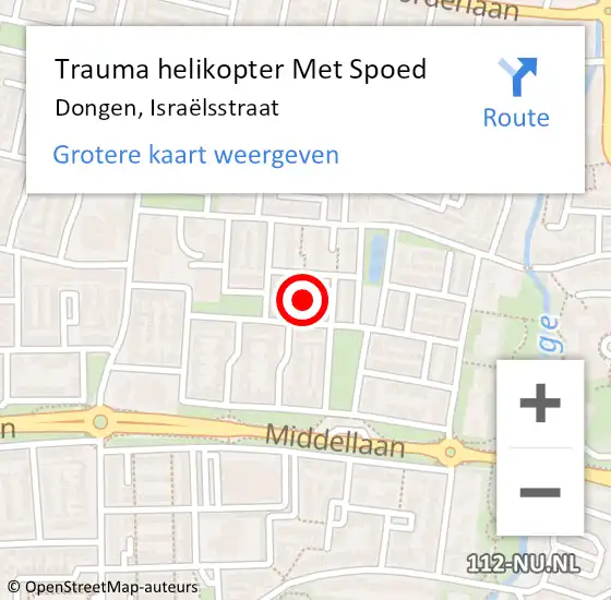 Locatie op kaart van de 112 melding: Trauma helikopter Met Spoed Naar Dongen, Israëlsstraat op 15 mei 2023 19:35