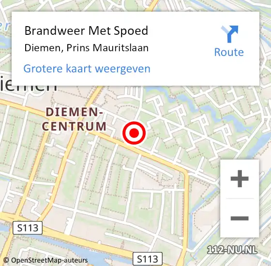 Locatie op kaart van de 112 melding: Brandweer Met Spoed Naar Diemen, Prins Mauritslaan op 15 mei 2023 21:18