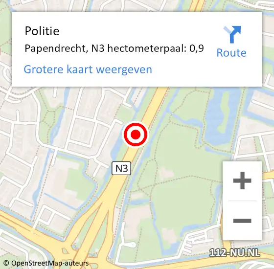 Locatie op kaart van de 112 melding: Politie Papendrecht, N3 hectometerpaal: 0,9 op 15 mei 2023 21:40