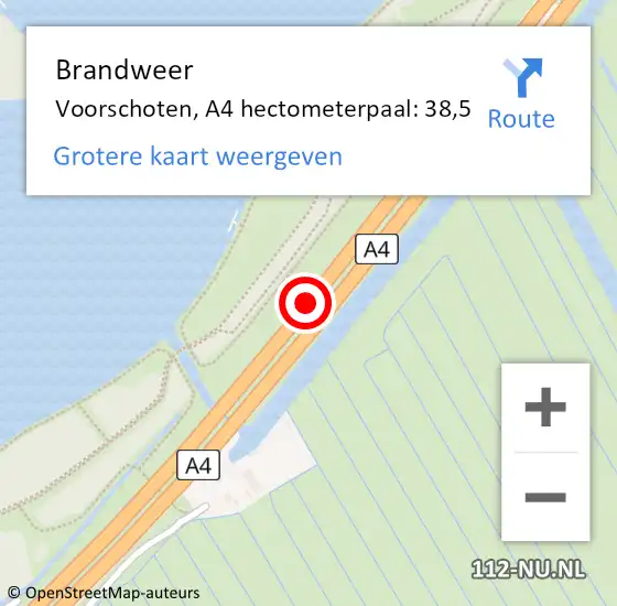 Locatie op kaart van de 112 melding: Brandweer Voorschoten, A4 hectometerpaal: 38,5 op 15 mei 2023 22:54