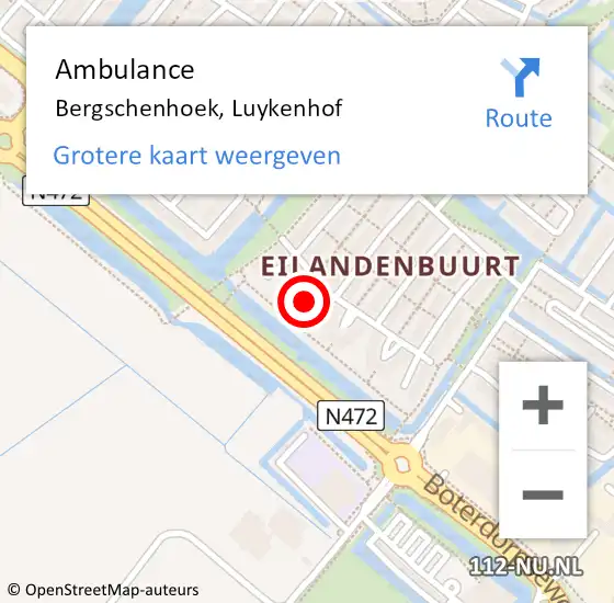 Locatie op kaart van de 112 melding: Ambulance Bergschenhoek, Luykenhof op 15 mei 2023 23:54