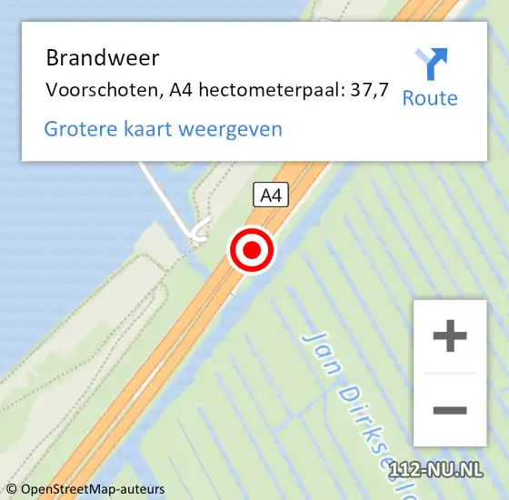 Locatie op kaart van de 112 melding: Brandweer Voorschoten, A4 hectometerpaal: 37,7 op 16 mei 2023 06:01