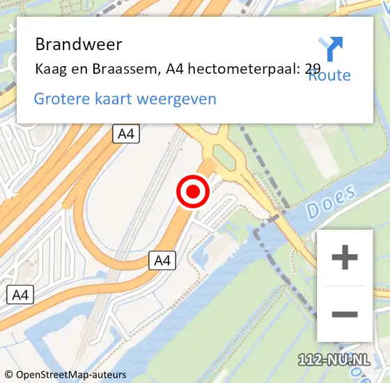 Locatie op kaart van de 112 melding: Brandweer Kaag en Braassem, A4 hectometerpaal: 29 op 16 mei 2023 06:36