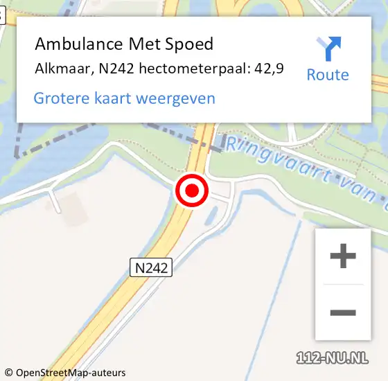 Locatie op kaart van de 112 melding: Ambulance Met Spoed Naar Alkmaar, N242 hectometerpaal: 42,9 op 16 mei 2023 06:40