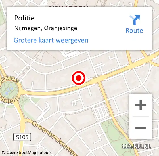 Locatie op kaart van de 112 melding: Politie Nijmegen, Oranjesingel op 16 mei 2023 07:06