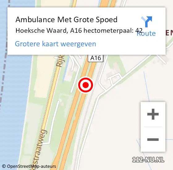 Locatie op kaart van de 112 melding: Ambulance Met Grote Spoed Naar Hoeksche Waard, A16 hectometerpaal: 42 op 16 mei 2023 07:27