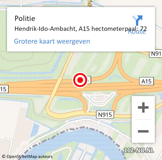 Locatie op kaart van de 112 melding: Politie Hendrik-Ido-Ambacht, A15 hectometerpaal: 72 op 16 mei 2023 07:40