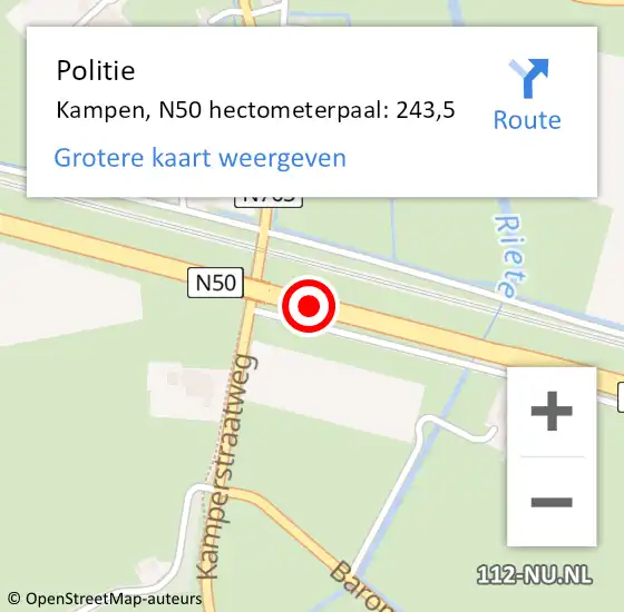 Locatie op kaart van de 112 melding: Politie Kampen, N50 hectometerpaal: 243,5 op 16 mei 2023 08:08