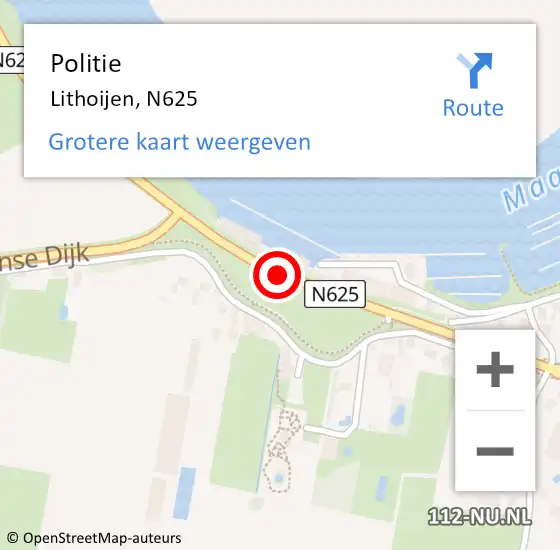 Locatie op kaart van de 112 melding: Politie Lithoijen, N625 op 25 augustus 2014 16:46