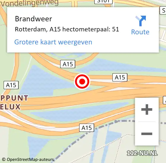 Locatie op kaart van de 112 melding: Brandweer Rotterdam, A15 hectometerpaal: 51 op 16 mei 2023 08:24