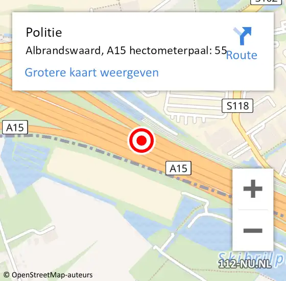 Locatie op kaart van de 112 melding: Politie Albrandswaard, A15 hectometerpaal: 55 op 16 mei 2023 10:18