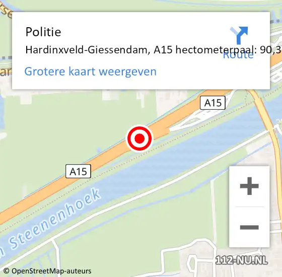 Locatie op kaart van de 112 melding: Politie Hardinxveld-Giessendam, A15 hectometerpaal: 90,3 op 16 mei 2023 10:18