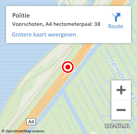 Locatie op kaart van de 112 melding: Politie Voorschoten, A4 hectometerpaal: 38 op 16 mei 2023 10:42