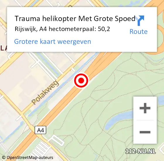 Locatie op kaart van de 112 melding: Trauma helikopter Met Grote Spoed Naar Rijswijk, A4 hectometerpaal: 50,2 op 16 mei 2023 11:03