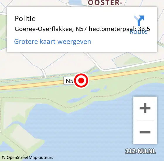 Locatie op kaart van de 112 melding: Politie Goeree-Overflakkee, N57 hectometerpaal: 33,5 op 16 mei 2023 11:20