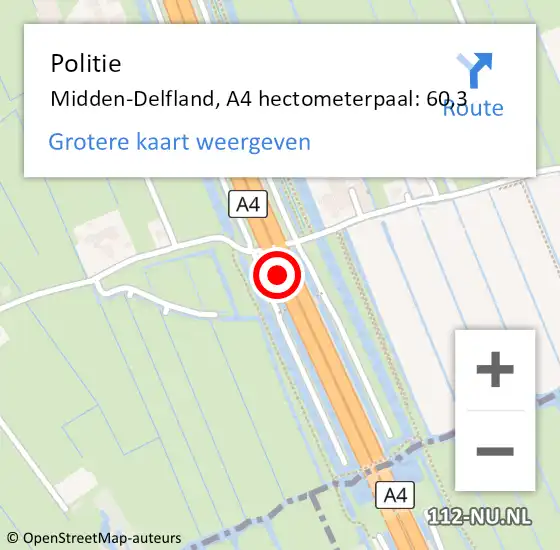 Locatie op kaart van de 112 melding: Politie Midden-Delfland, A4 hectometerpaal: 60,3 op 16 mei 2023 11:35