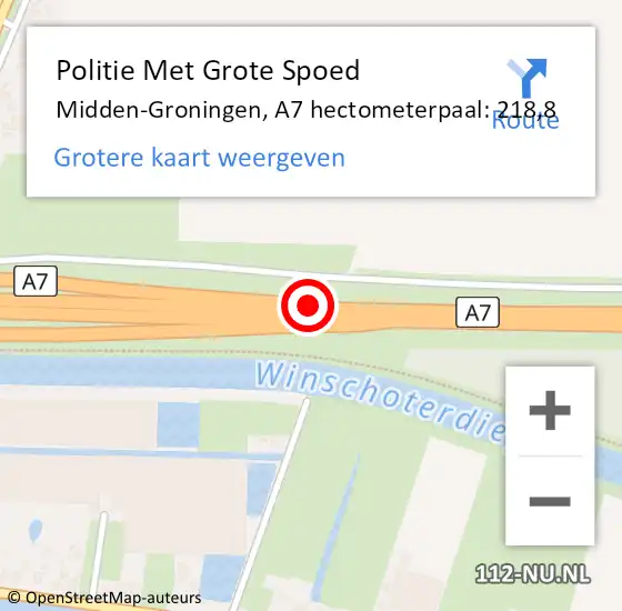 Locatie op kaart van de 112 melding: Politie Met Grote Spoed Naar Midden-Groningen, A7 hectometerpaal: 218,8 op 16 mei 2023 12:02