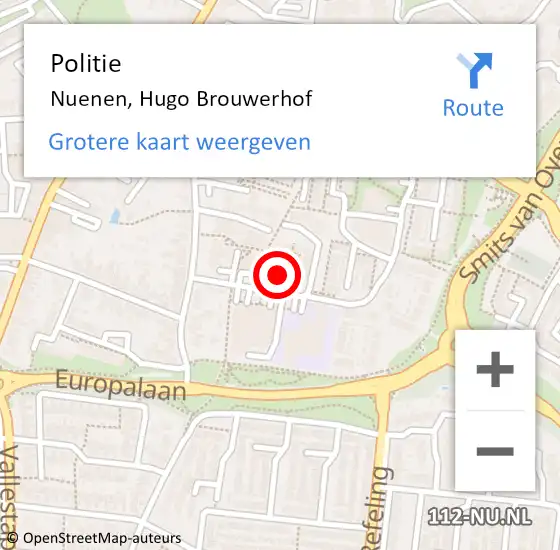 Locatie op kaart van de 112 melding: Politie Nuenen, Hugo Brouwerhof op 16 mei 2023 12:05