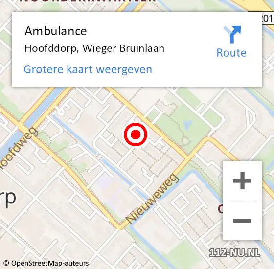 Locatie op kaart van de 112 melding: Ambulance Hoofddorp, Wieger Bruinlaan op 16 mei 2023 12:13