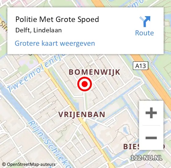 Locatie op kaart van de 112 melding: Politie Met Grote Spoed Naar Delft, Lindelaan op 16 mei 2023 14:53