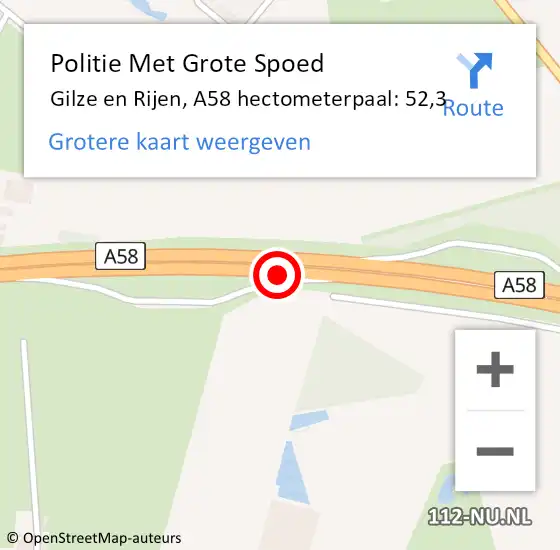 Locatie op kaart van de 112 melding: Politie Met Grote Spoed Naar Gilze en Rijen, A58 hectometerpaal: 52,3 op 16 mei 2023 15:34