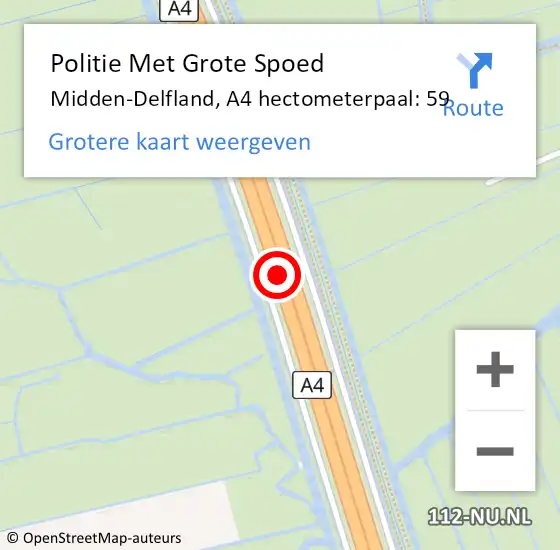 Locatie op kaart van de 112 melding: Politie Met Grote Spoed Naar Midden-Delfland, A4 hectometerpaal: 59 op 16 mei 2023 15:39