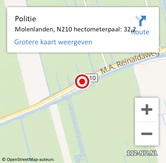 Locatie op kaart van de 112 melding: Politie Molenlanden, N210 hectometerpaal: 32,2 op 16 mei 2023 16:02