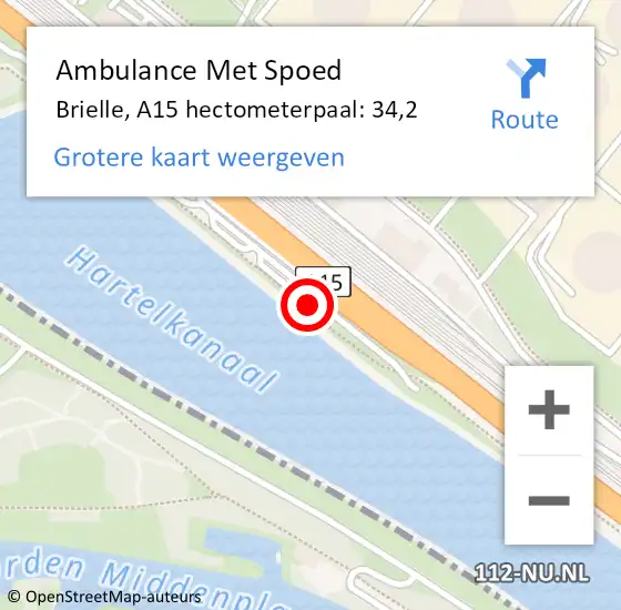 Locatie op kaart van de 112 melding: Ambulance Met Spoed Naar Brielle, A15 hectometerpaal: 34,2 op 16 mei 2023 16:23