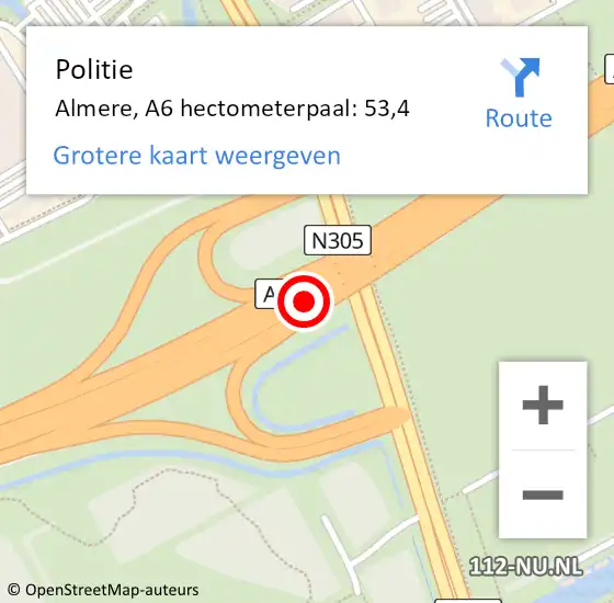 Locatie op kaart van de 112 melding: Politie Almere, A6 hectometerpaal: 53,4 op 16 mei 2023 16:27
