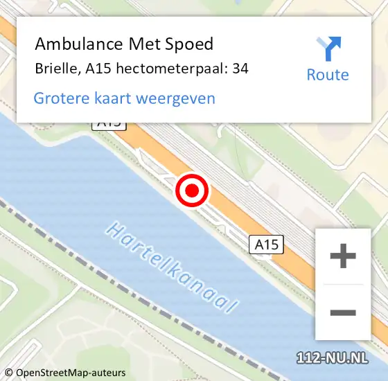 Locatie op kaart van de 112 melding: Ambulance Met Spoed Naar Brielle, A15 hectometerpaal: 34 op 16 mei 2023 16:48