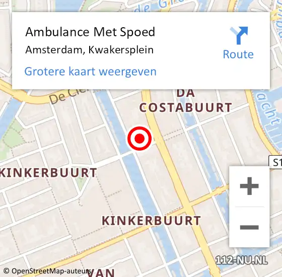 Locatie op kaart van de 112 melding: Ambulance Met Spoed Naar Amsterdam, Kwakersplein op 16 mei 2023 19:08