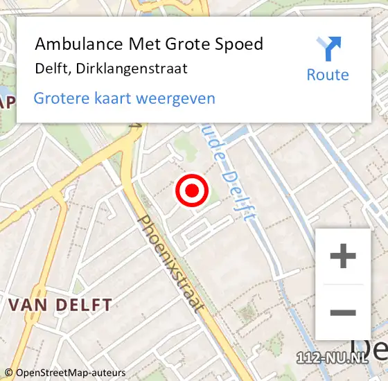 Locatie op kaart van de 112 melding: Ambulance Met Grote Spoed Naar Delft, Dirklangenstraat op 16 mei 2023 20:20