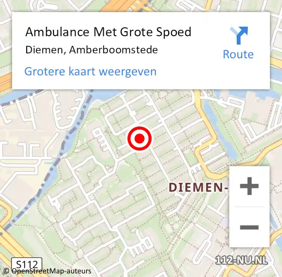 Locatie op kaart van de 112 melding: Ambulance Met Grote Spoed Naar Diemen, Amberboomstede op 16 mei 2023 22:31