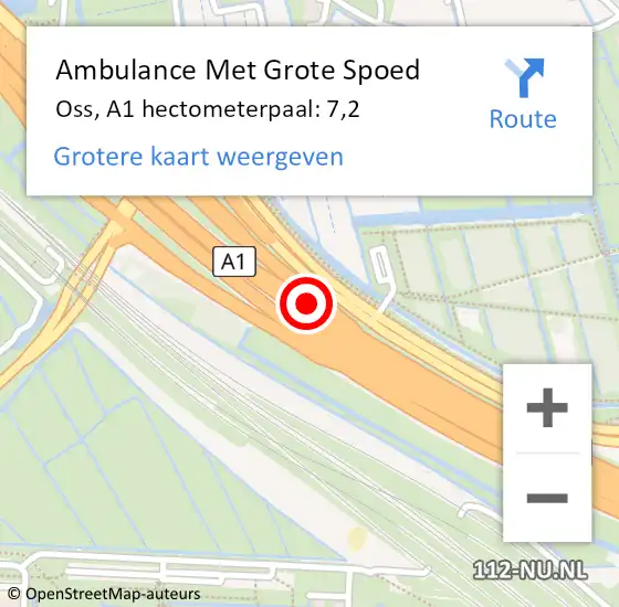 Locatie op kaart van de 112 melding: Ambulance Met Grote Spoed Naar Oss, A1 hectometerpaal: 7,2 op 16 mei 2023 23:53
